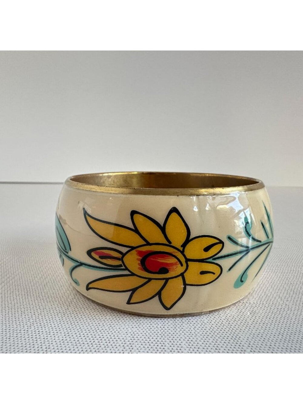 Enameled Brass Bangle With Colorful Floral Motif Chunky Wide Bracelet Size 7.5 V
